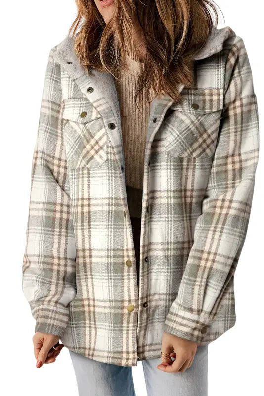 Gray plaid sherpa lined hooded shacket - shackets