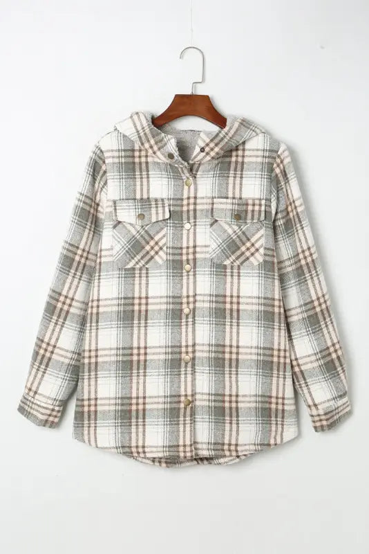 Gray plaid sherpa lined hooded shacket - shackets