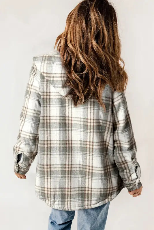 Gray plaid sherpa lined hooded shacket - shackets