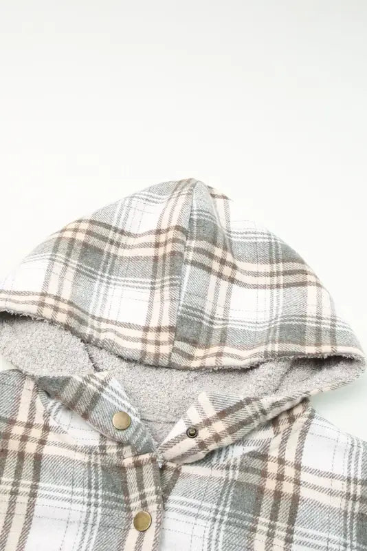 Gray plaid sherpa lined hooded shacket - shackets