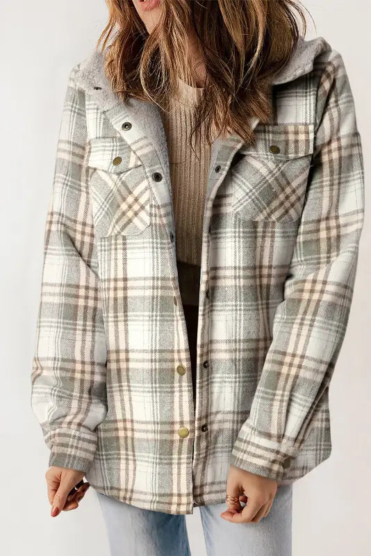 Gray plaid sherpa lined hooded shacket - 2xl / 100% polyester - shackets