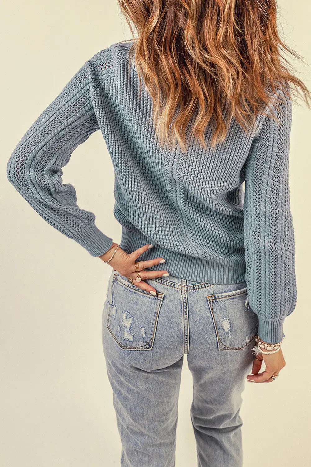 Gray plain hollow-out knit long sleeve pullover sweater -