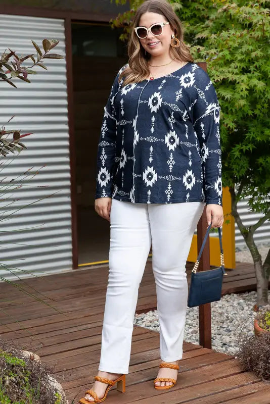 Gray plus size aztec print exposed seam top - sweaters &