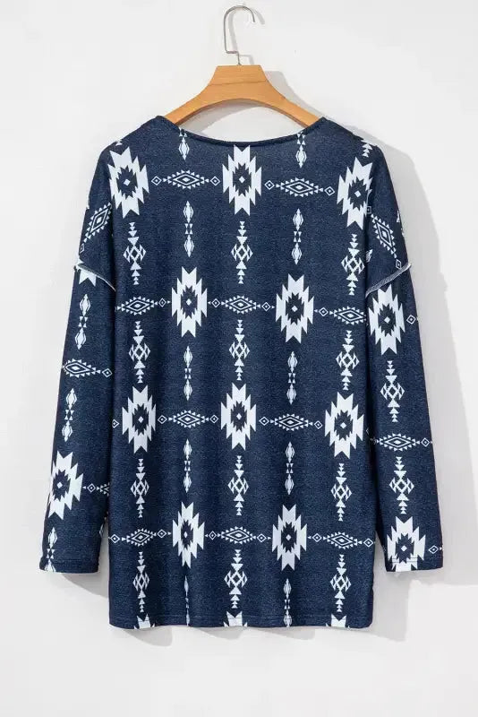 Gray Plus Size Aztec Print Exposed Seam Top - Fashionfitz