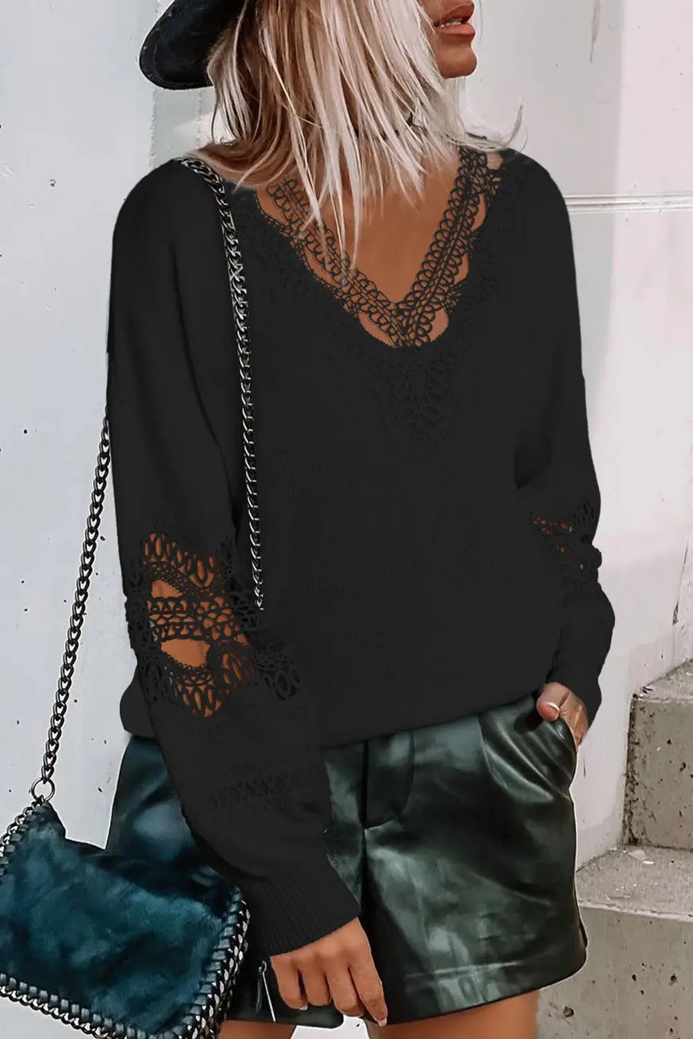 Gray plus size hollowed lace splicing v neck sweater - black / s / 54% polyester + 20% polyamide + 20% acrylic + 6% wool