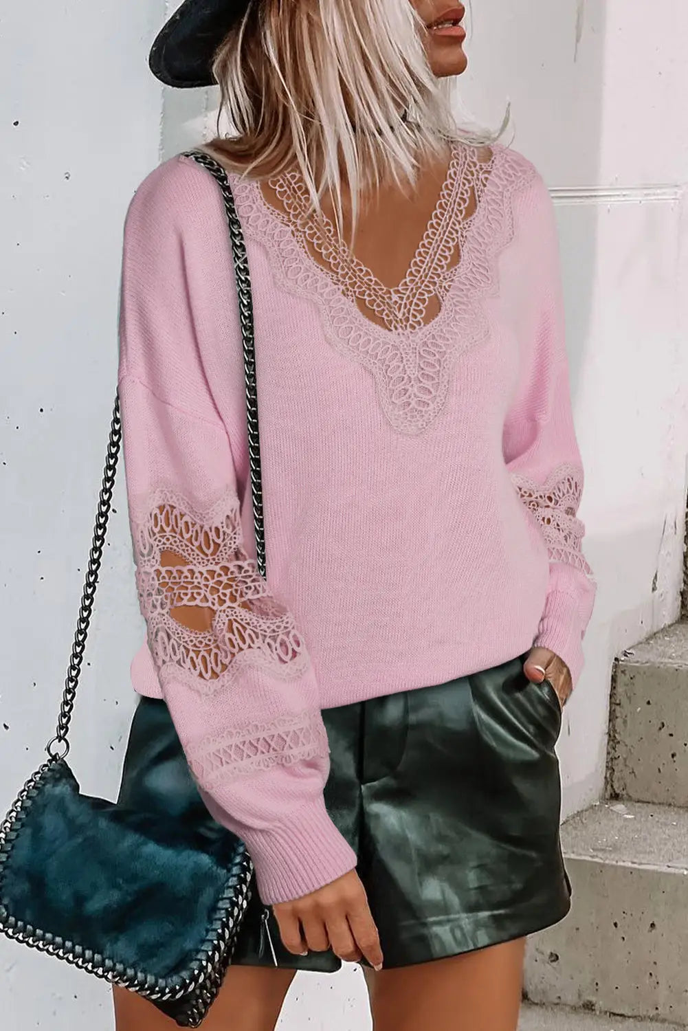 Gray plus size hollowed lace splicing v neck sweater - pink / s / 54% polyester + 20% polyamide + 20% acrylic + 6% wool