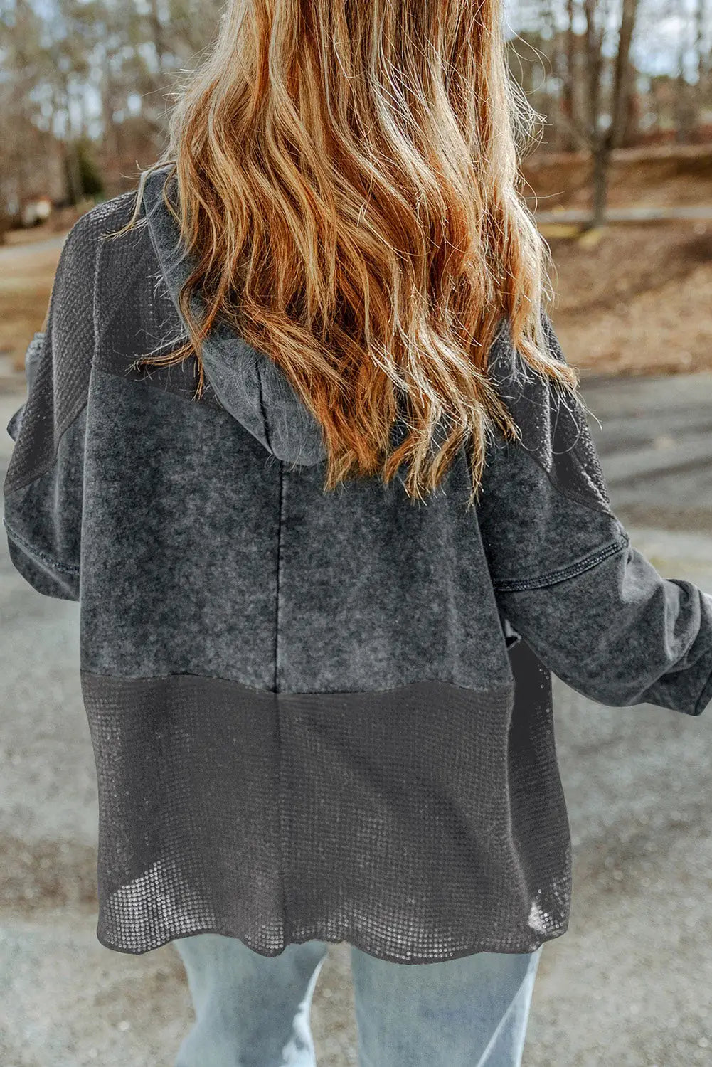 Gray plus size waffle knit patchwork washed hooded jacket