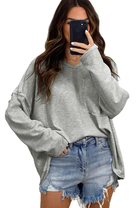 Gray pocketed oversized drop sleeve top - long tops