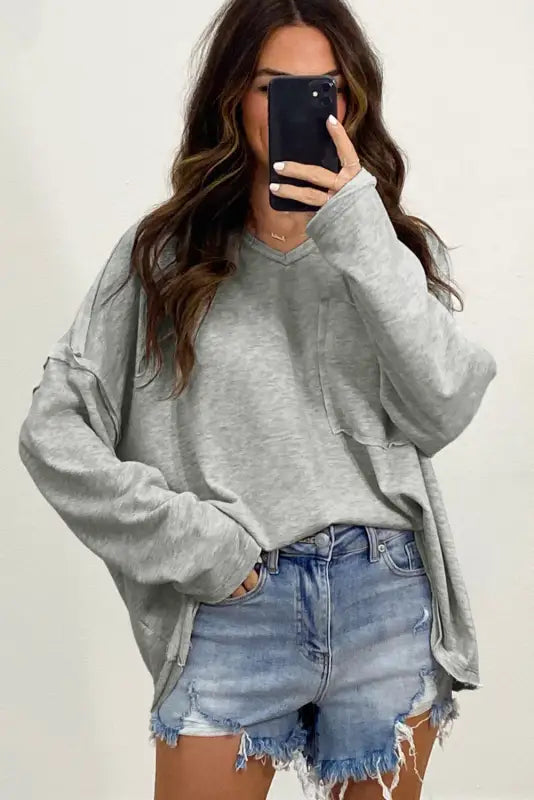 Gray pocketed oversized drop sleeve top - long tops