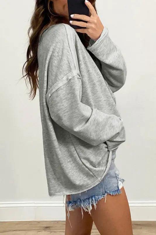 Gray pocketed oversized drop sleeve top - long tops