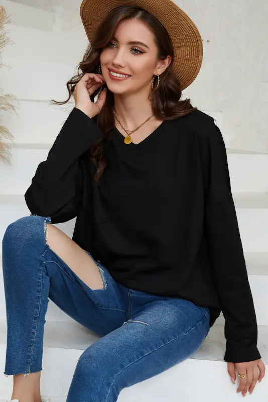 Gray pocketed oversized drop sleeve top - long tops