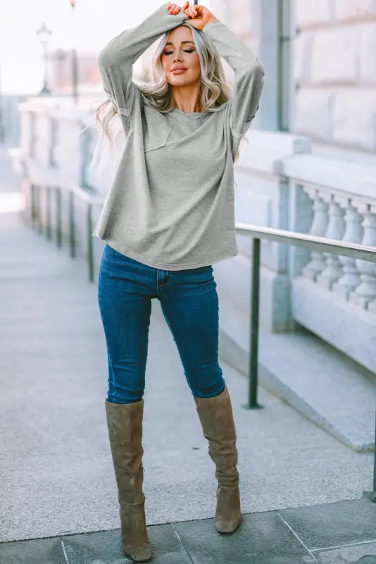 Gray pocketed oversized drop sleeve top - long tops