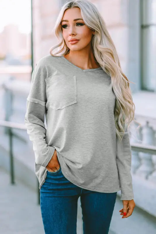 Gray pocketed oversized drop sleeve top - long tops