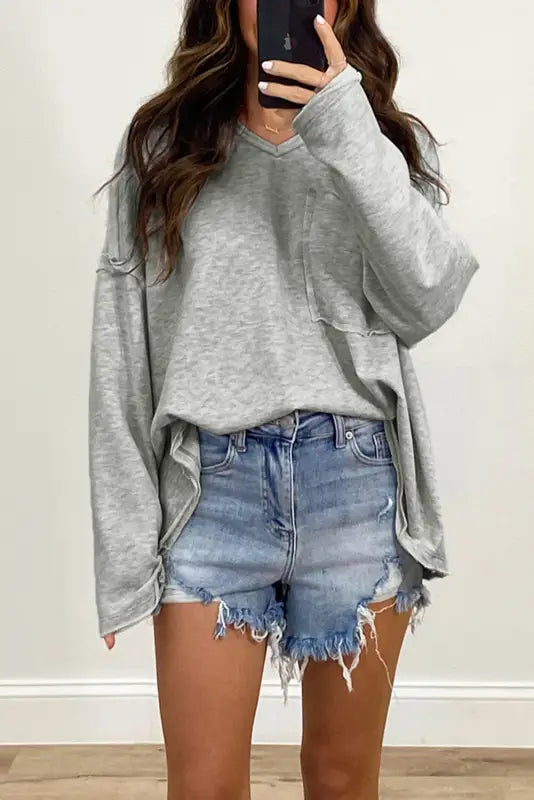 Gray pocketed oversized drop sleeve top - long tops