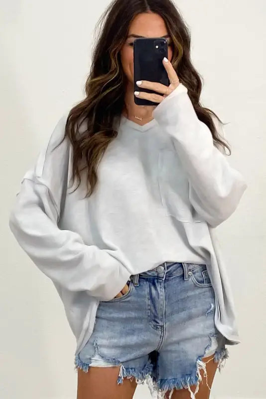 Gray pocketed oversized drop sleeve top - long tops