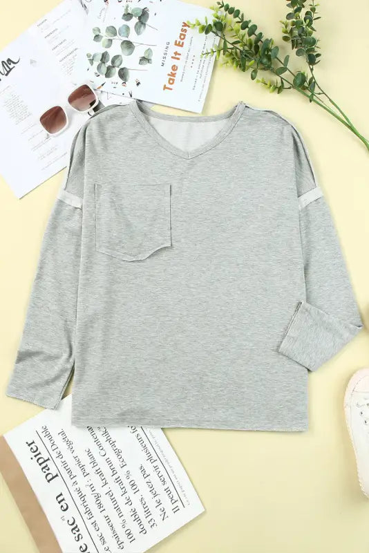 Gray pocketed oversized drop sleeve top - long tops