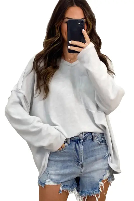 Gray pocketed oversized drop sleeve top - long tops