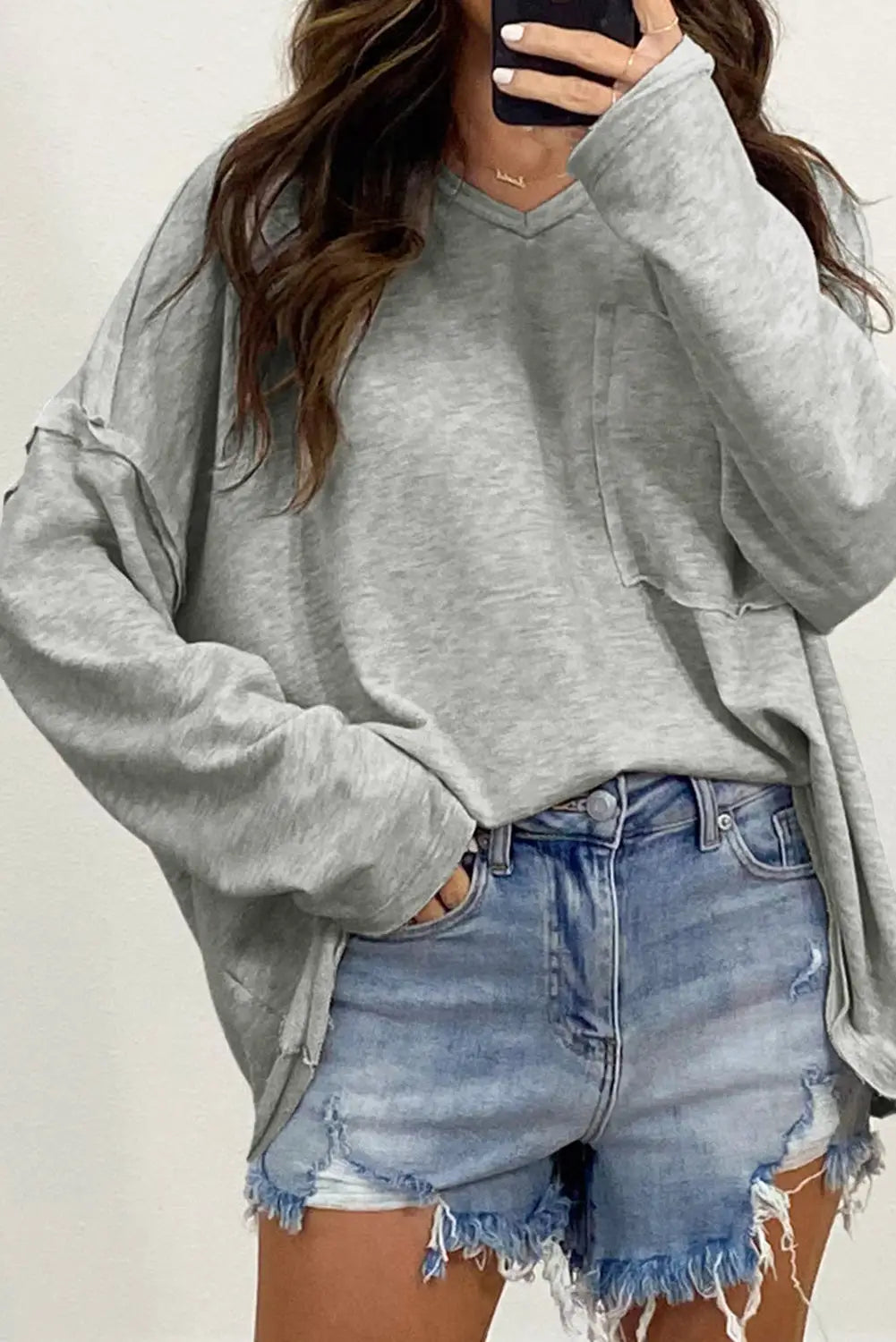 Gray pocketed oversized drop sleeve top - s / 60% cotton + 35% polyester + 5% elastane - long tops