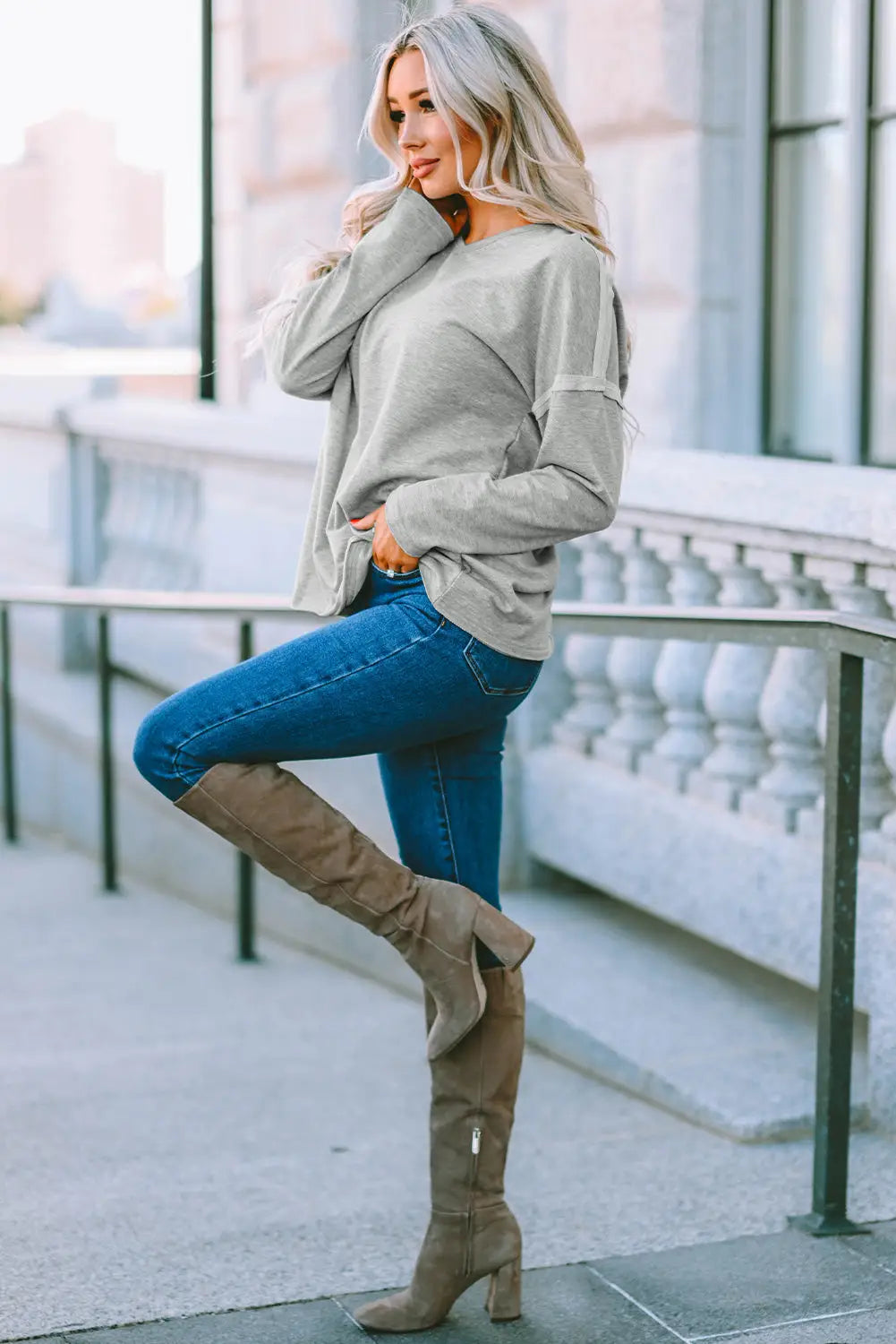 Gray pocketed oversized drop sleeve top - long tops