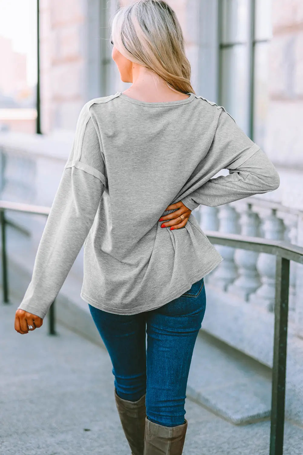 Gray pocketed oversized drop sleeve top - long tops