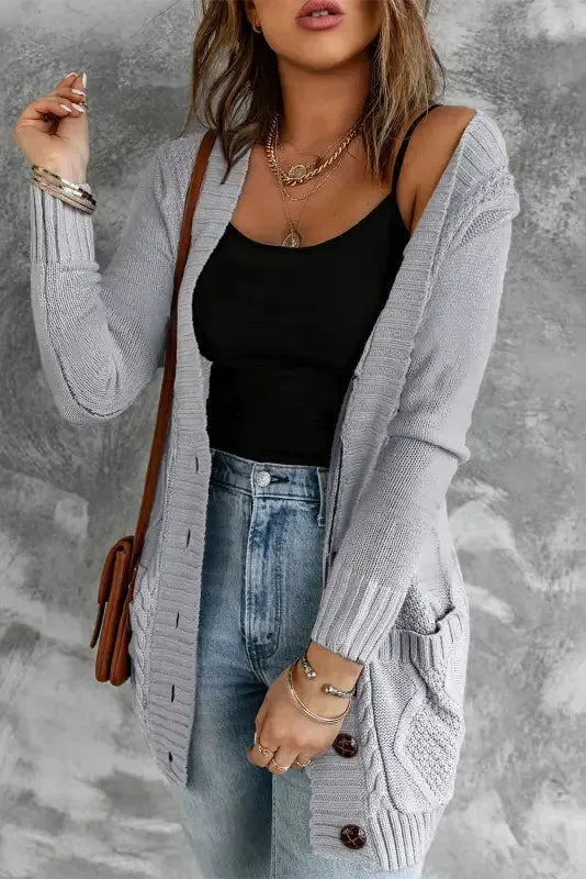 Gray Pockets Buttons Cardigan - Fashionfitz