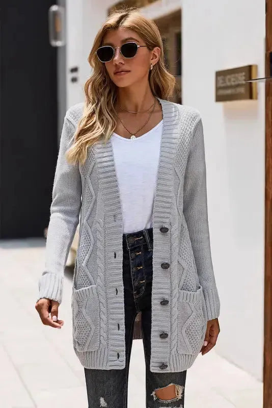 Gray Pockets Buttons Cardigan - Fashionfitz