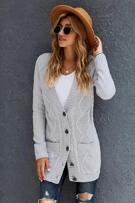 Gray Pockets Buttons Cardigan - Fashionfitz