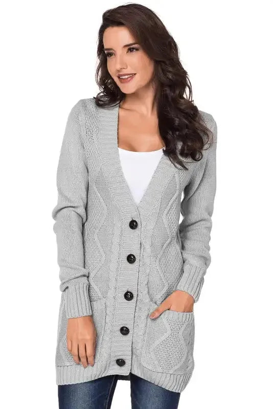Gray Pockets Buttons Cardigan - Fashionfitz
