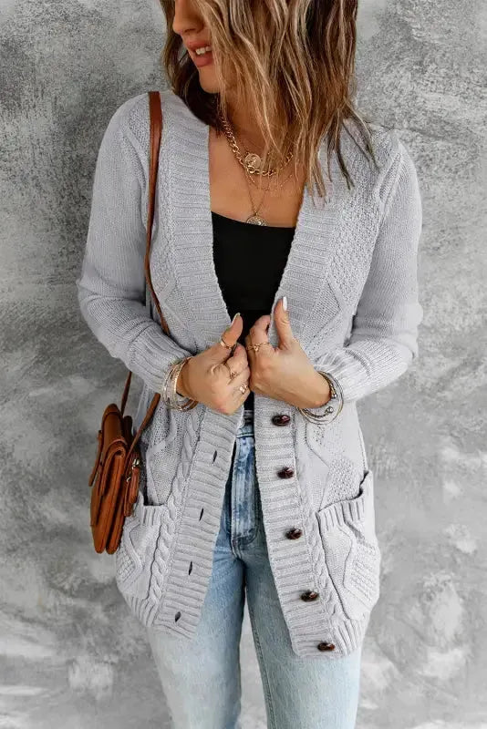Gray Pockets Buttons Cardigan - Fashionfitz