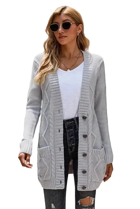 Gray Pockets Buttons Cardigan - Fashionfitz