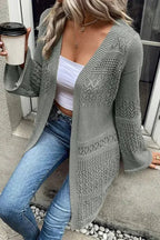 Gray Pointelle Knit Open Front Cardigan - Fashionfitz