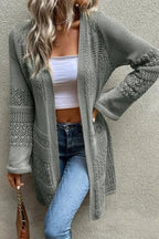 Gray Pointelle Knit Open Front Cardigan - Fashionfitz