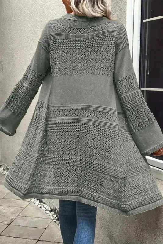 Gray Pointelle Knit Open Front Cardigan - Fashionfitz