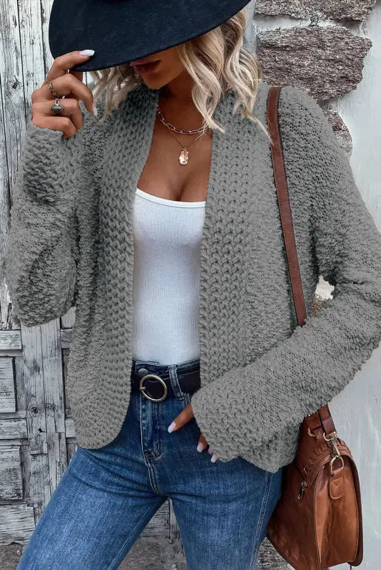 Gray popcorn knit open front cardigan - s / 100% acrylic - sweaters & cardigans