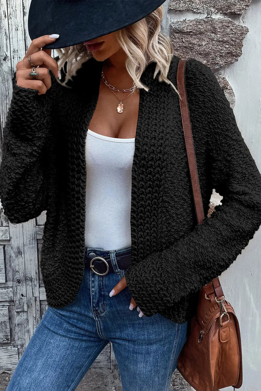 Gray popcorn knit open front cardigan - black / s / 100% acrylic - sweaters & cardigans