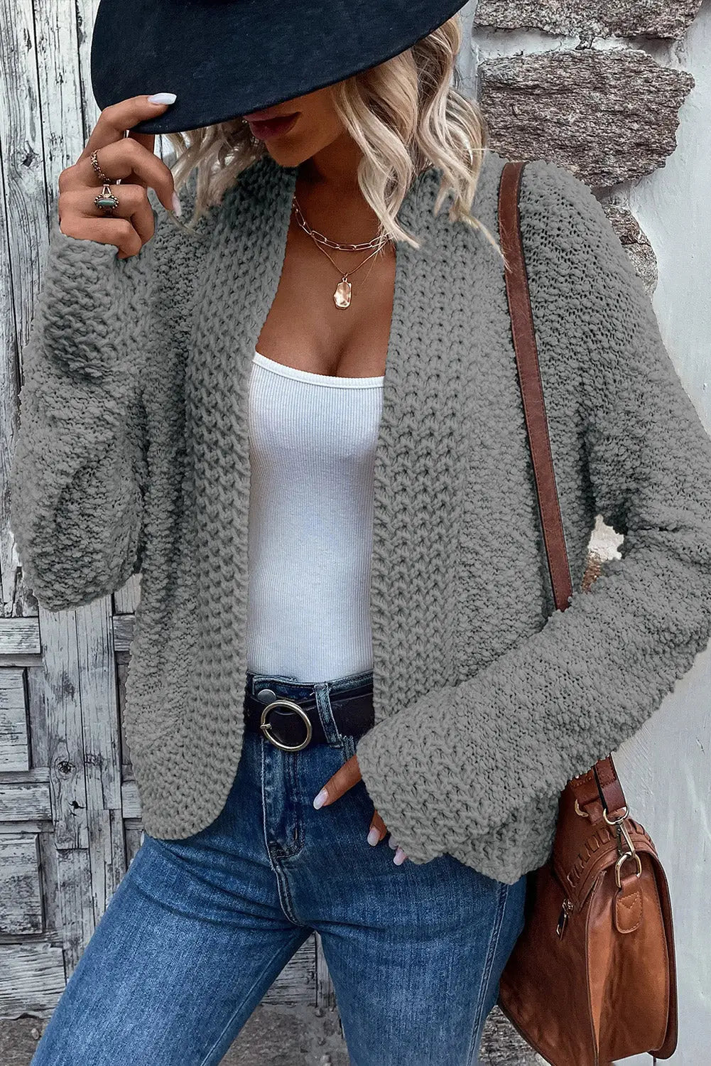 Gray popcorn knit open front cardigan - s / 100% acrylic - sweaters & cardigans