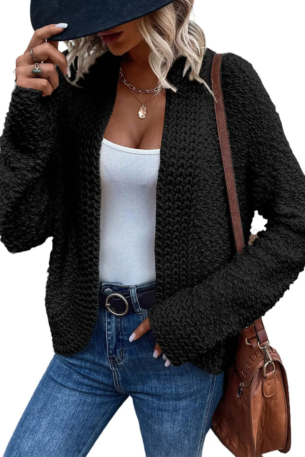 Gray popcorn knit open front cardigan - sweaters & cardigans