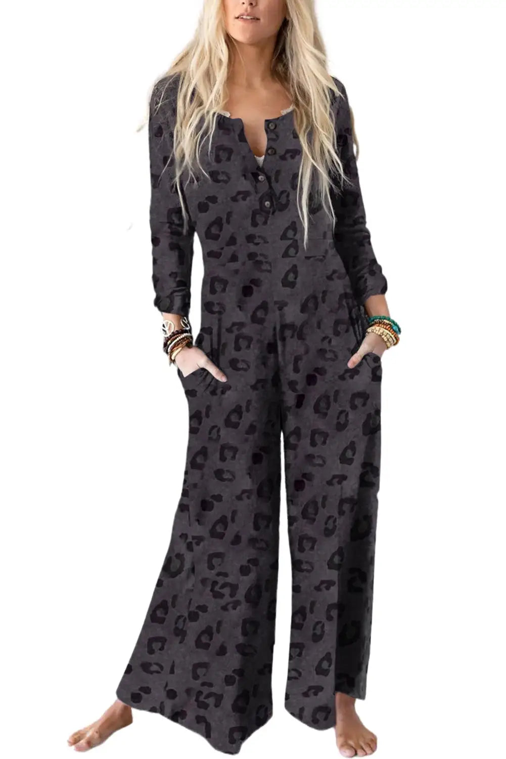 Gray printed buttoned bodice wide leg leopard jumpsuit - bottoms