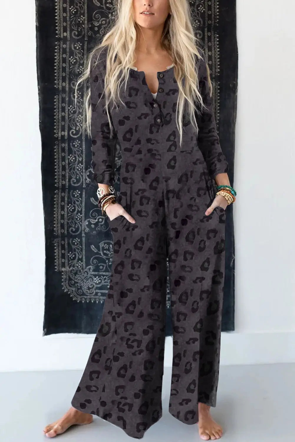Gray printed buttoned bodice wide leg leopard jumpsuit - s / 95% polyester + 5% elastane - bottoms