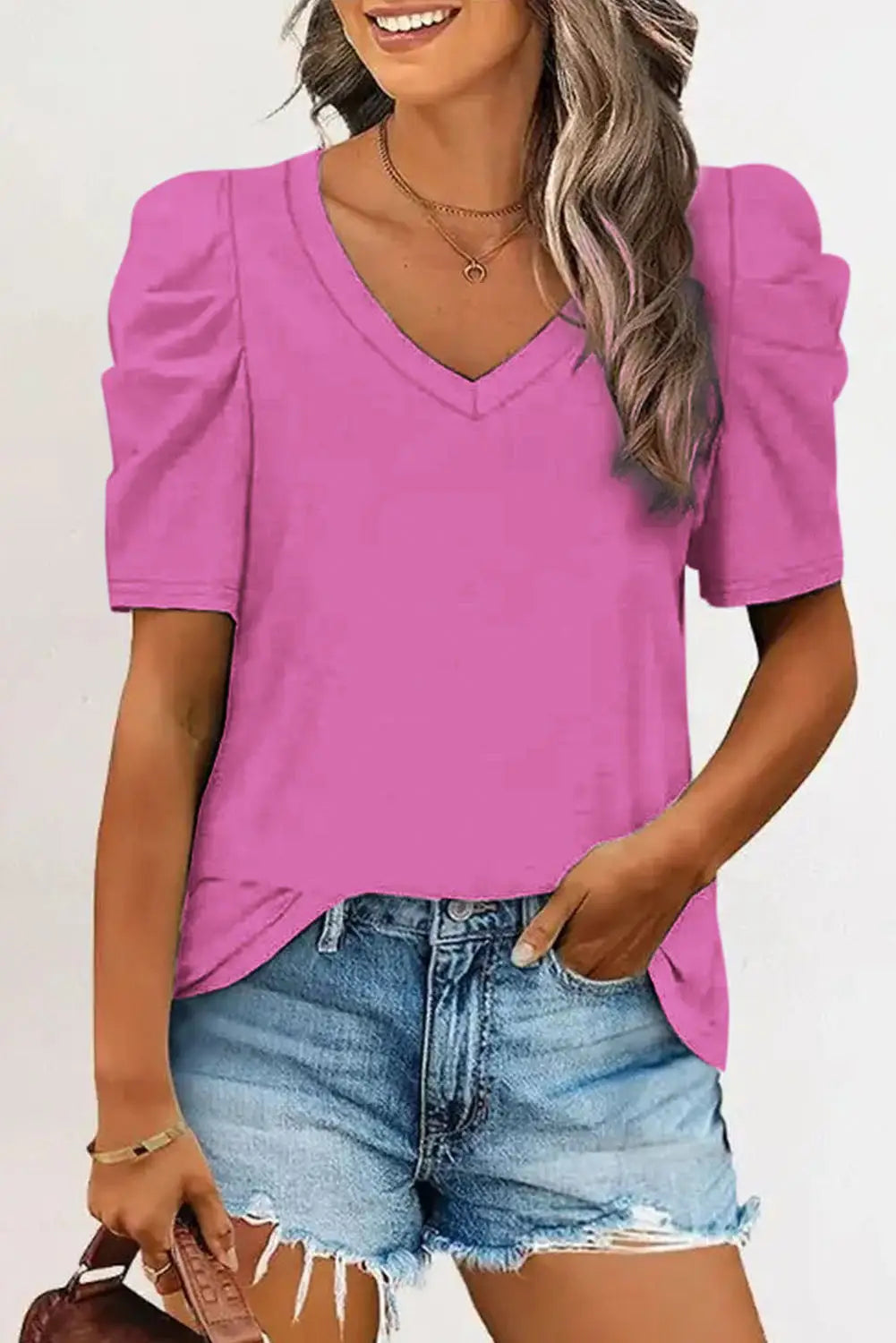Gray puff sleeve v-neck t-shirt - rose / s / 95% cotton + 5% elastane - tops