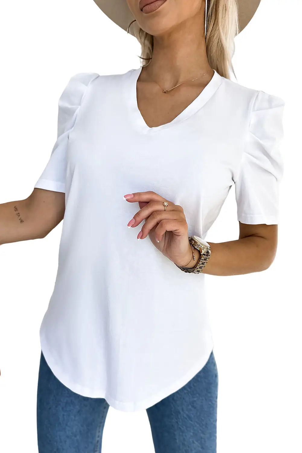Gray puff sleeve v-neck t-shirt - tops