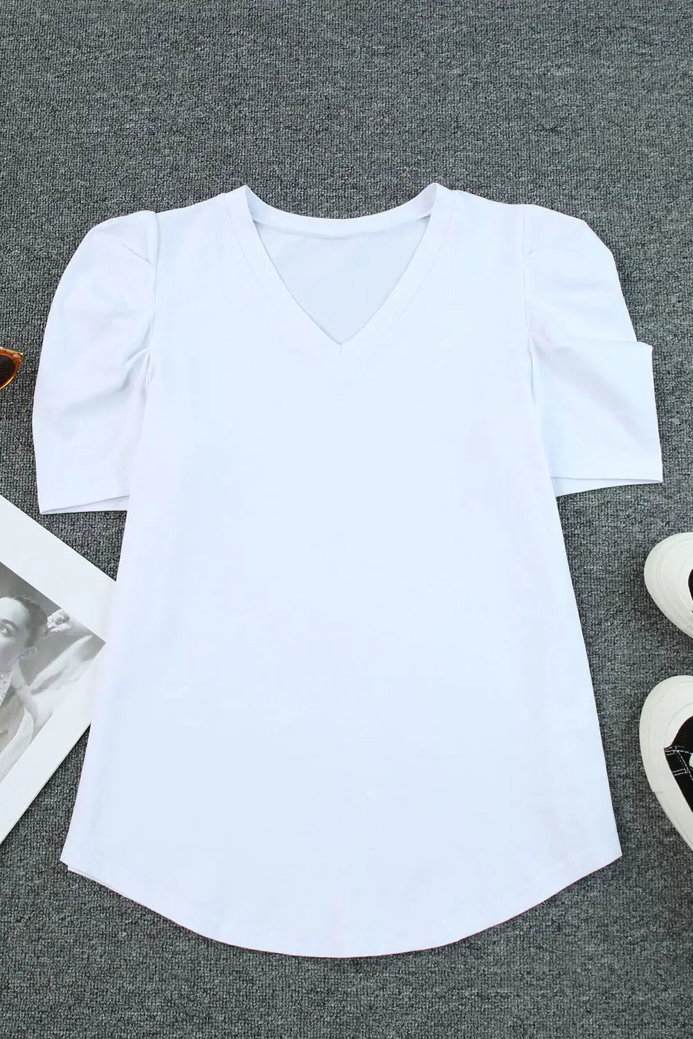 Gray puff sleeve v-neck t-shirt - tops