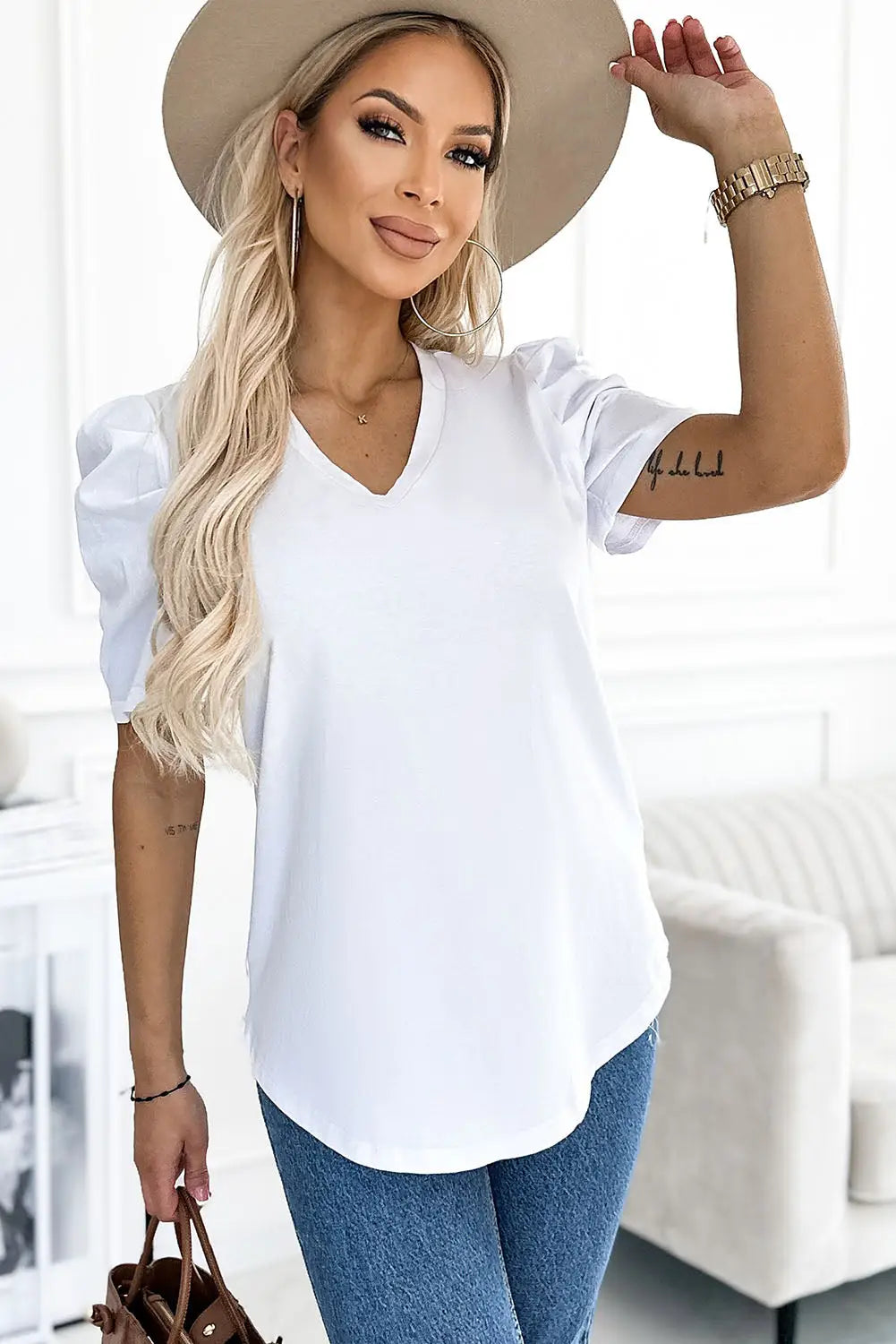 Gray puff sleeve v-neck t-shirt - white / s / 95% cotton + 5% elastane - tops