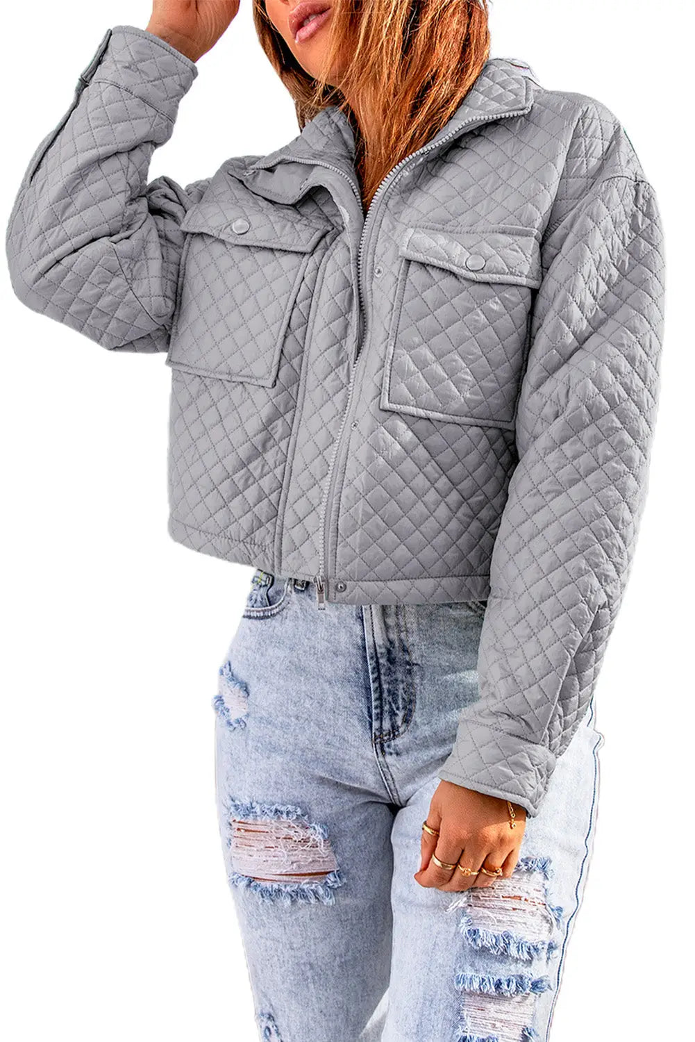 Gray quilted pocketed zip-up cropped jacket - jackets