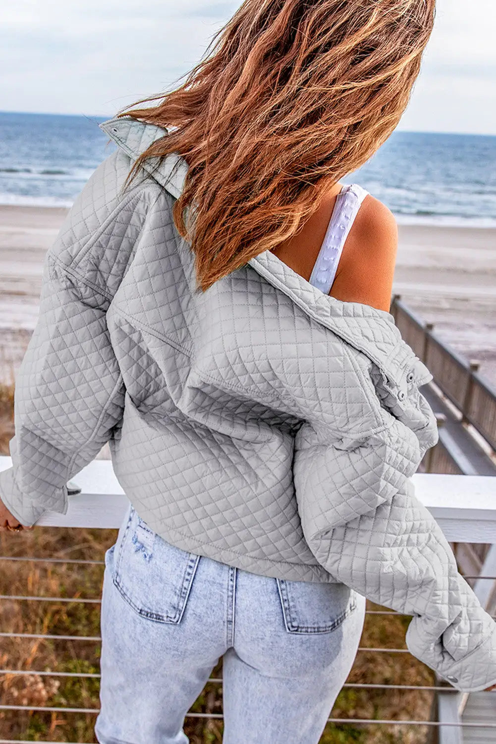 Gray quilted pocketed zip-up cropped jacket - jackets