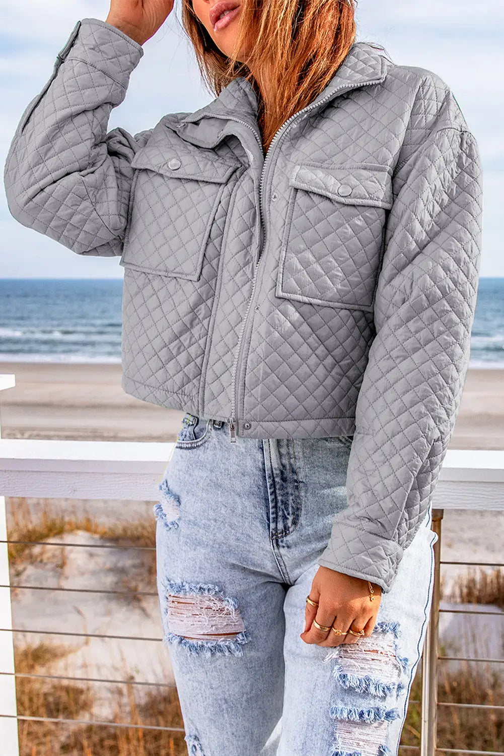 Gray quilted pocketed zip-up cropped jacket - s / 95% polyester + 5% elastane - jackets