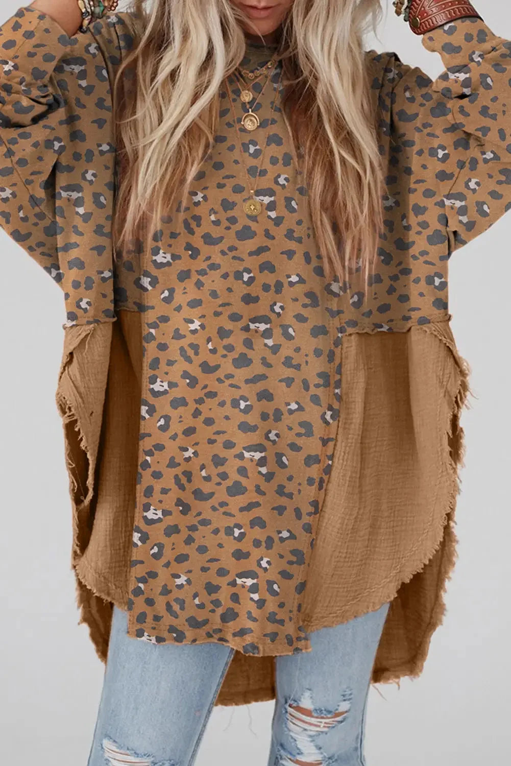 Gray raw edge leopard patchwork oversized blouse - brown printed / l / 95% polyester + 5% elastane - blouses & shirts