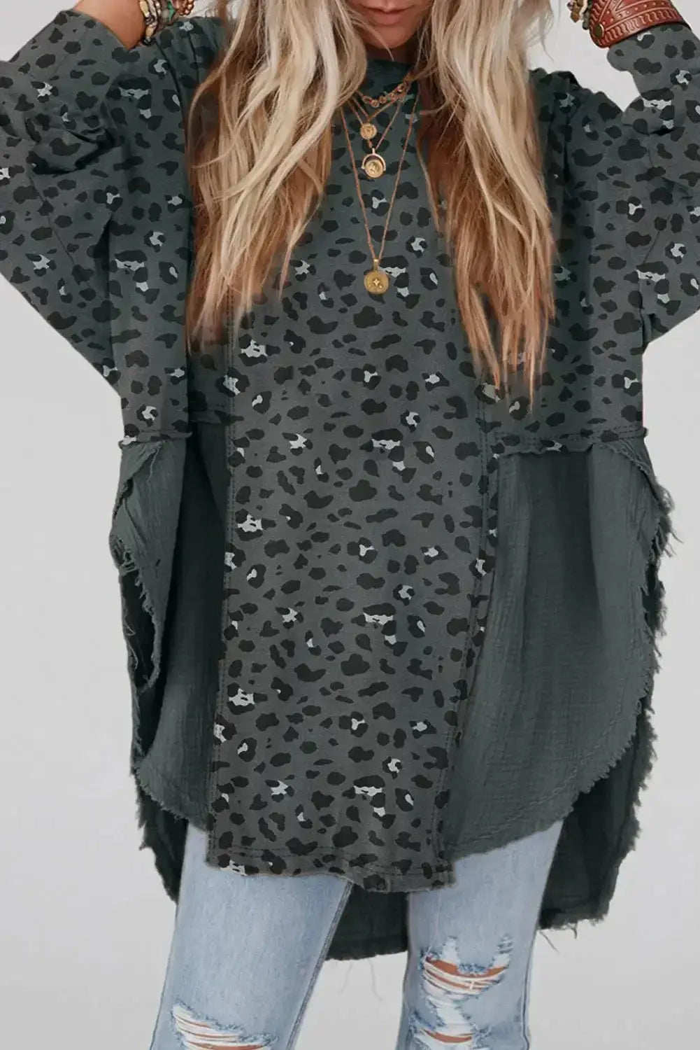 Gray raw edge leopard patchwork oversized blouse - l / 95% polyester + 5% elastane - blouses & shirts
