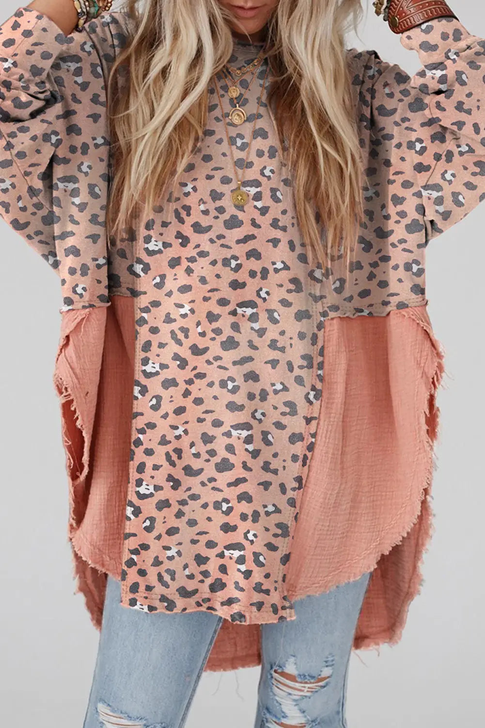 Gray raw edge leopard patchwork oversized blouse - pink / l 95% polyester + 5% elastane blouses & shirts