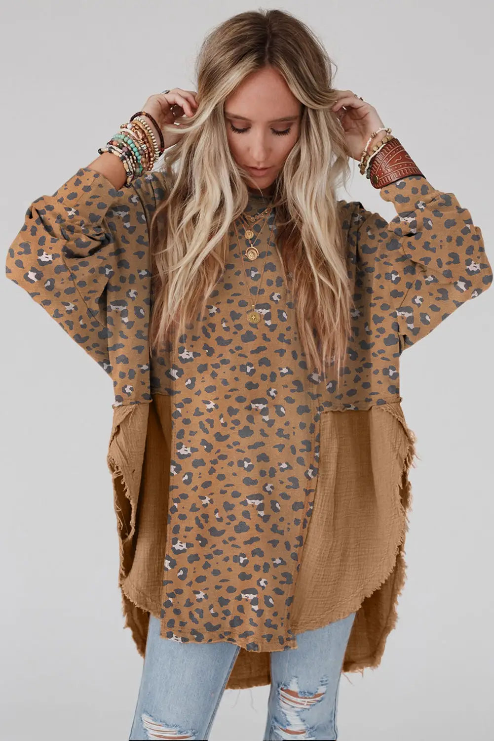 Gray raw edge leopard patchwork oversized blouse - blouses & shirts